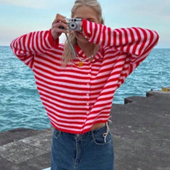 Casual Women's Vivid Style Street Striped Knit Cardigan sweater - Picture 1 of 11